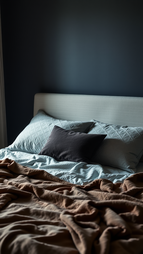 A cozy bed with layered textures in soft blue and brown tones
