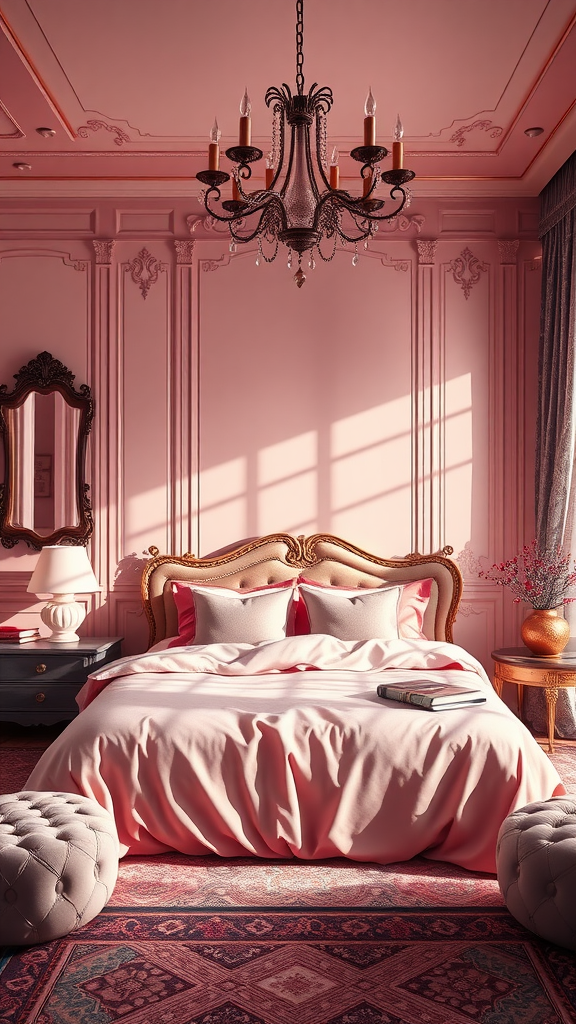 A beautifully decorated bedroom featuring a dusty pink color scheme with elegant furniture and rich jewel tones.