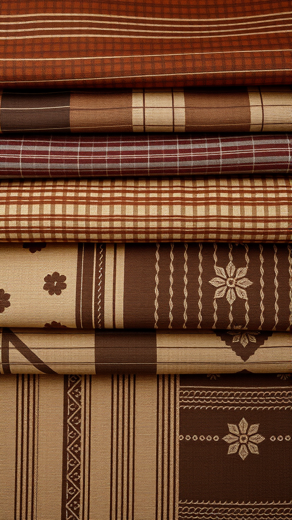 A variety of fabric swatches in chocolate brown tones with different patterns.