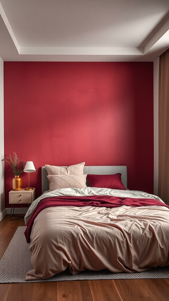 A cozy bedroom featuring a burgundy wall, soft bedding, and warm lighting.