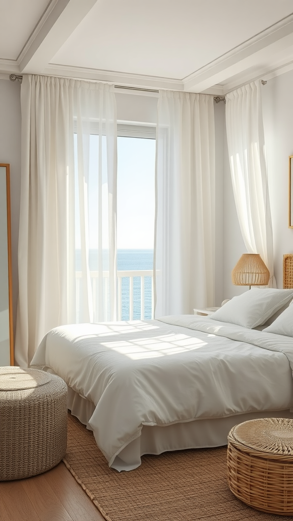 A bright coastal bedroom featuring sheer white curtains, a soft white bed, and woven furniture.