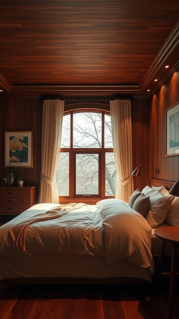 Cozy cherry wood bedroom with natural light streaming through a large window.