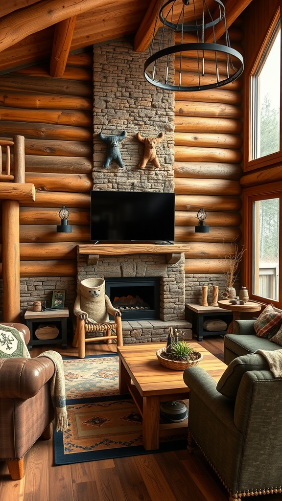 Cozy cowboy living room with log cabin accents and a stone fireplace.