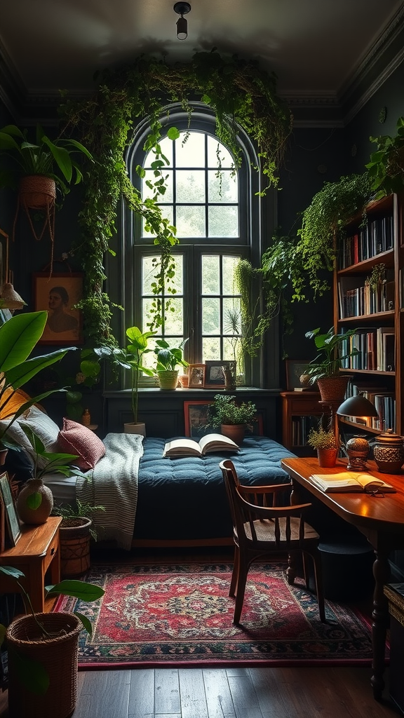 A cozy dark cottagecore bedroom library filled with indoor plants and natural light.