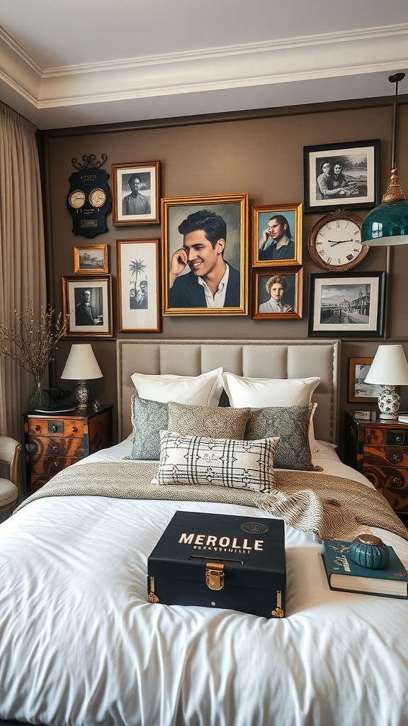 A classy bedroom featuring framed pictures, a stylish bed with pillows, a vintage clock, and a decorative suitcase.