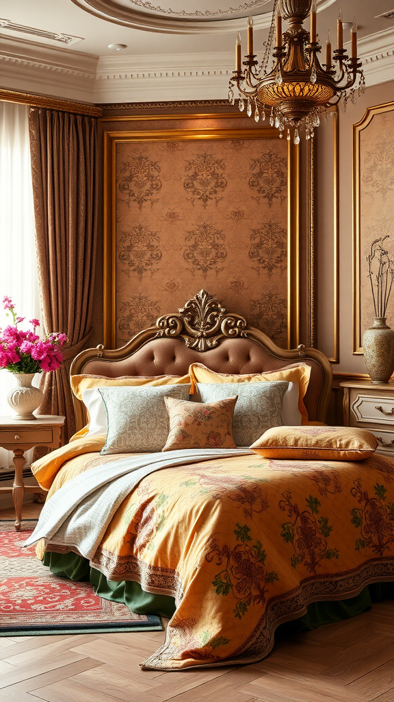 Luxurious bedroom with an orange bedspread, elegant headboard, and stylish decor.
