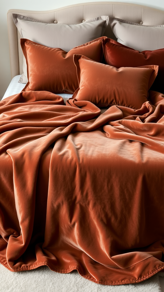 A cozy bed with chocolate velvet blankets and pillows in warm tones, creating a luxurious bedroom atmosphere.