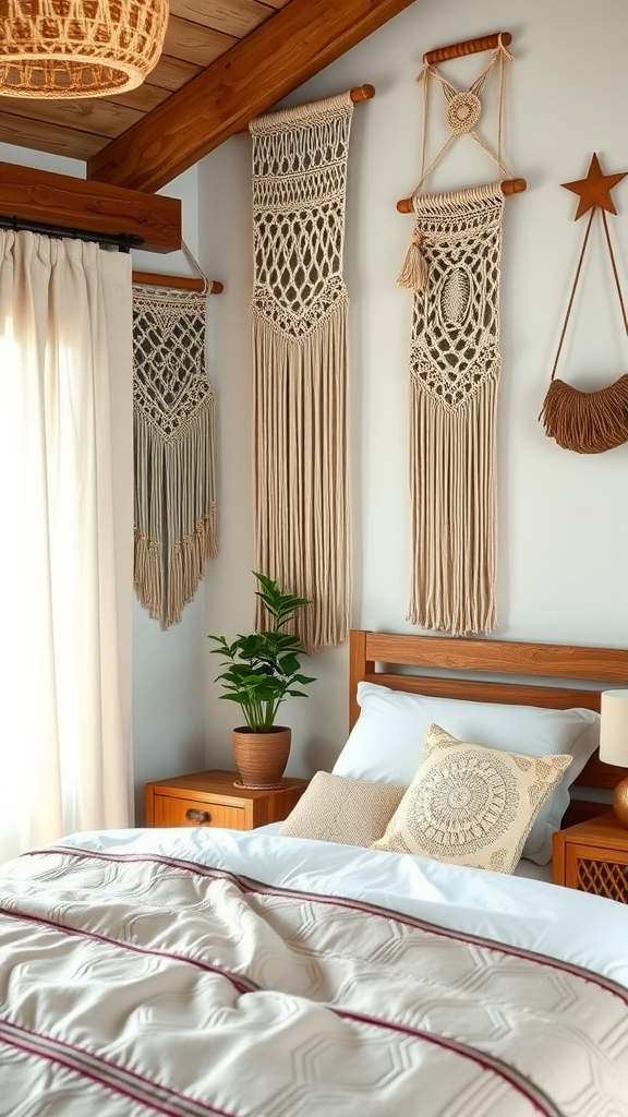Cozy western boho bedroom featuring macramé wall hangings and a natural color palette.