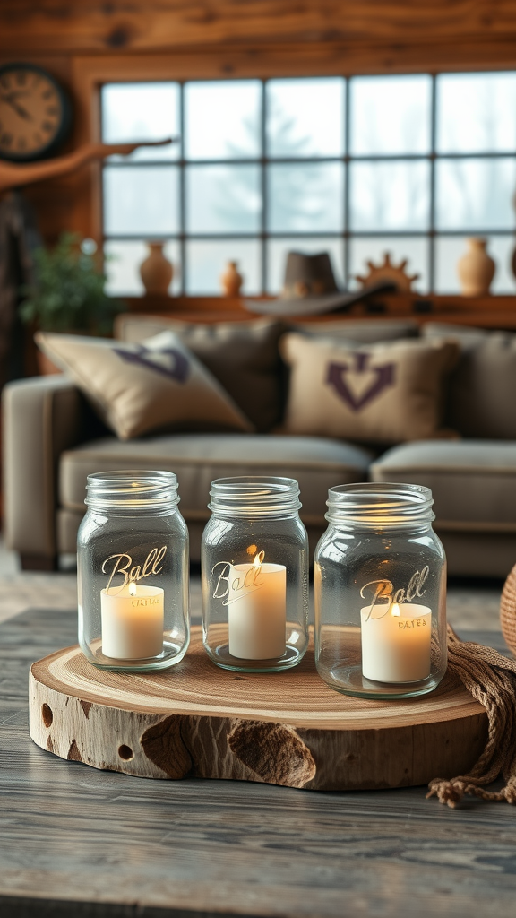 Cozy cowboy living room with mason jar candle holders on a wooden tray