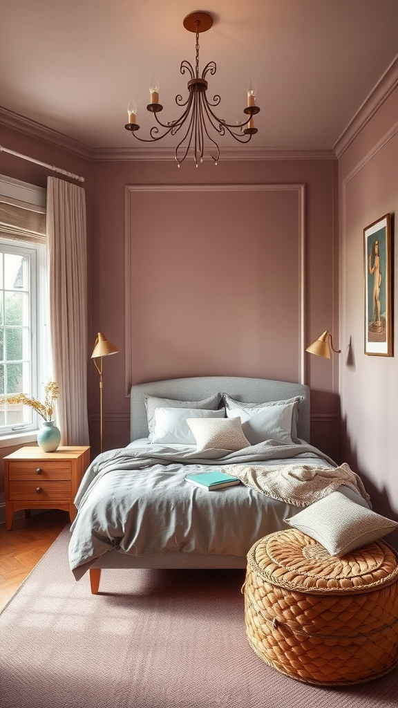 A cozy mauve bedroom featuring soft lighting, a comfortable bed, and stylish decor