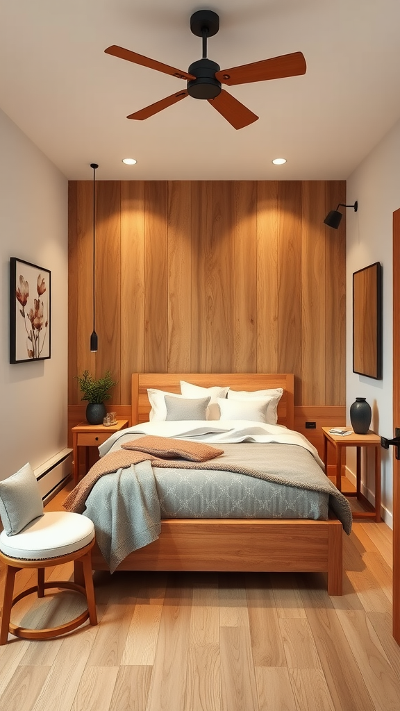 A small cherry wood bedroom featuring a bed, nightstands, and a cozy seating area.