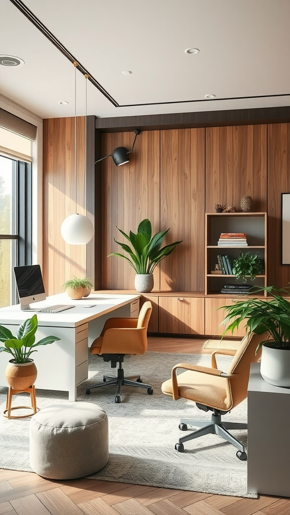 A modern, cozy office with wooden panels, plants, and comfortable furniture. Moody Office Ideas