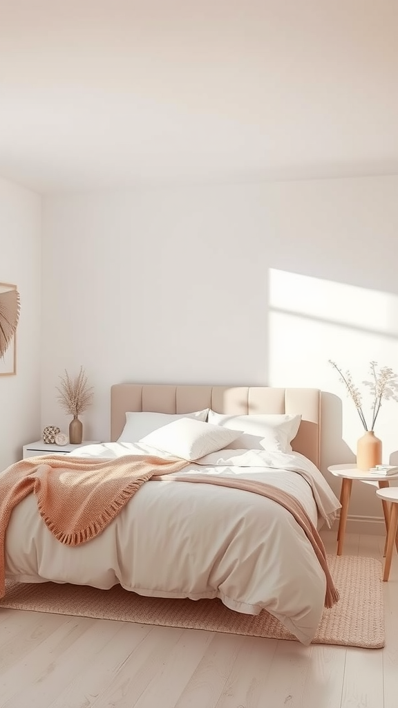 Minimalist bedroom with dusty pink bedding and natural light
