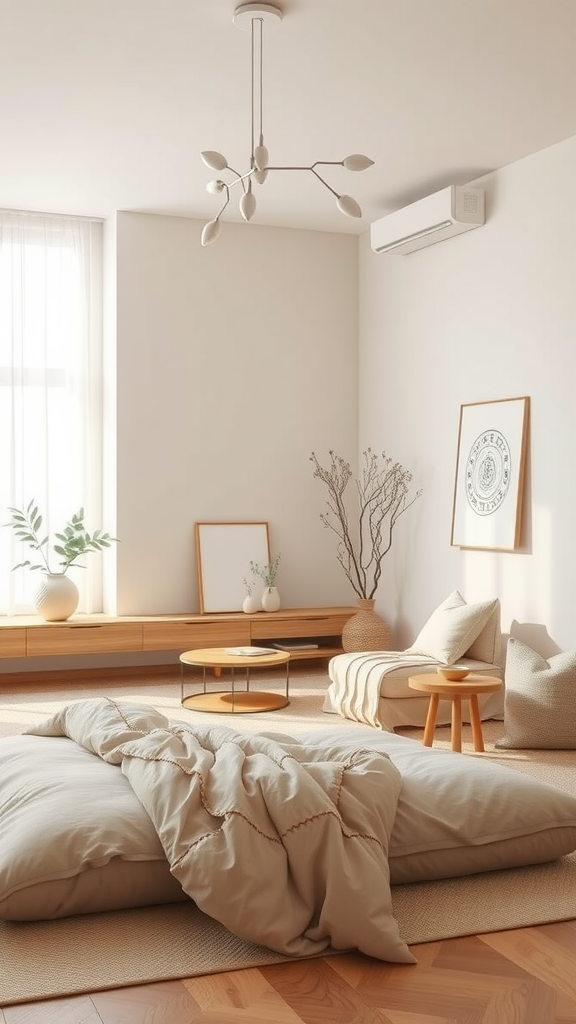 A minimalist beige bedroom featuring soft lighting, a low bed with a beige quilt, light wood furniture, and decorative plants.