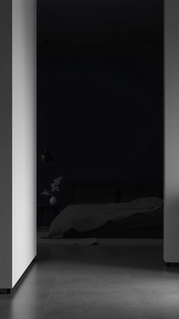 A dark and cozy minimalist bedroom with soft furnishings.