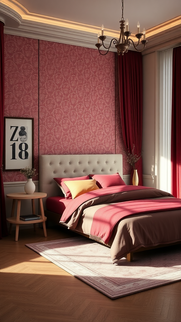 A stylish bedroom featuring burgundy walls and bedding, complemented by neutral furnishings.