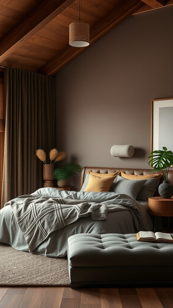 Cozy bedroom featuring chocolate brown walls and natural wood elements