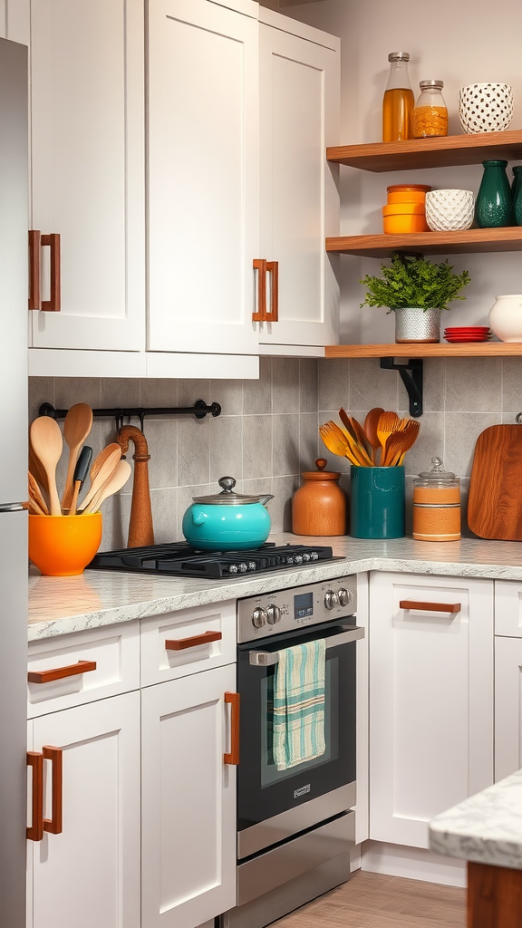 A modern kitchen featuring dark wood handles on white cabinets, colorful cookware, and open shelving.