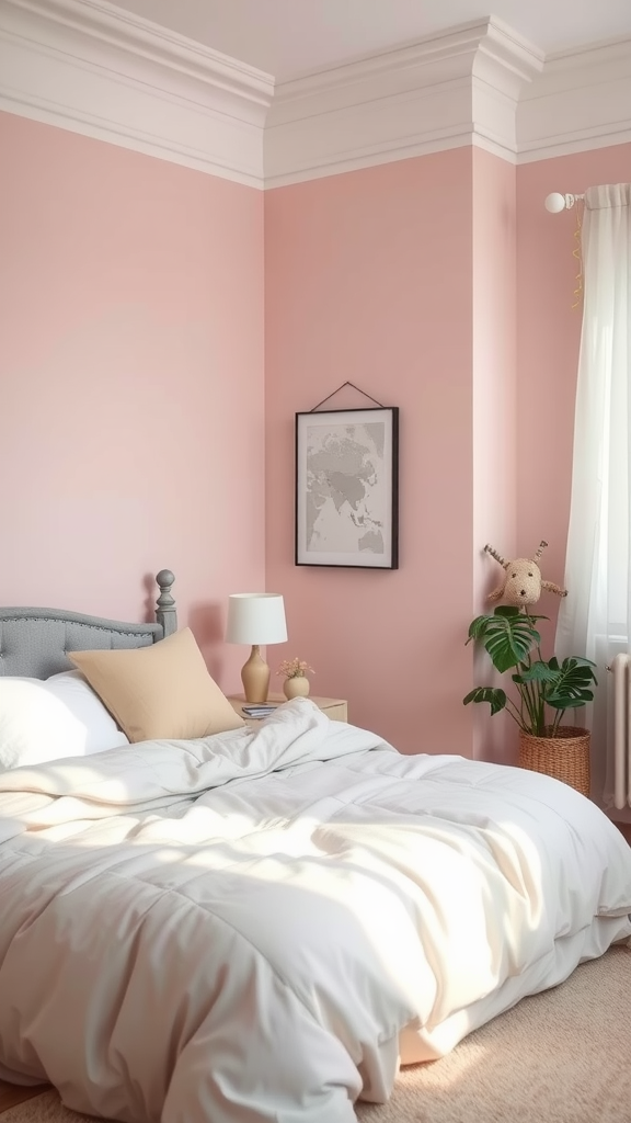 A cozy bedroom featuring dusty pink walls and soft gray tones, with a neatly made bed and decorative elements.