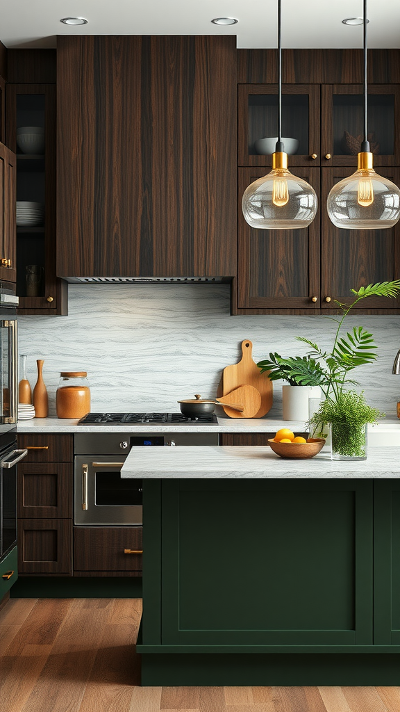 A modern kitchen featuring dark wood cabinets and a green island.