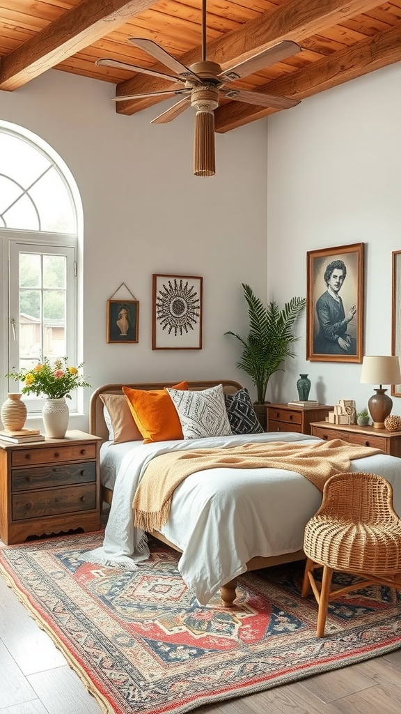 A cozy western boho bedroom featuring wooden beams, vintage art, and a mix of textures