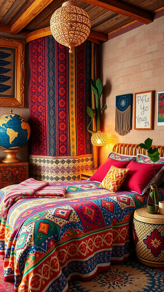 Colorful western boho bedroom with vibrant patterns and textures