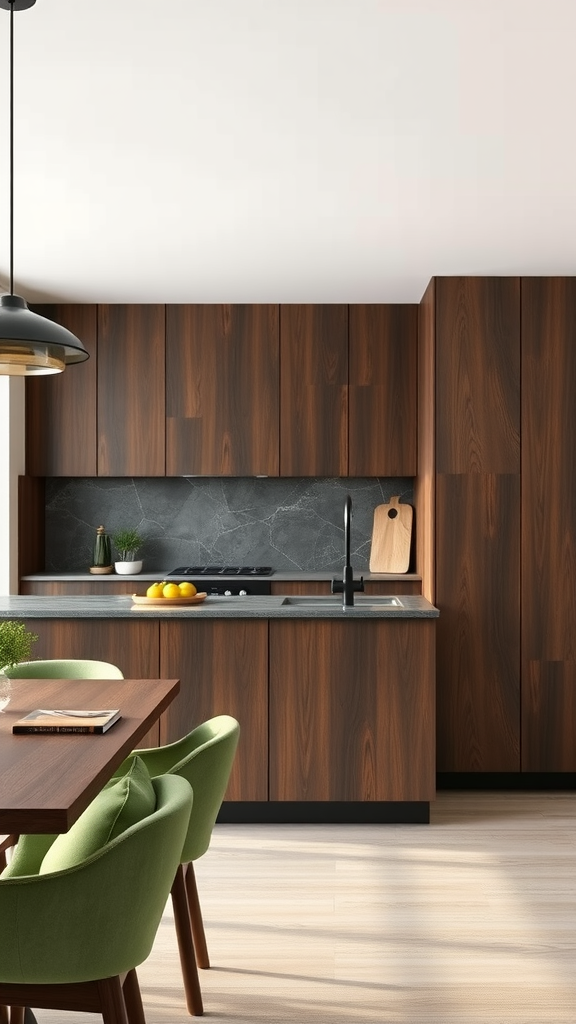 A modern kitchen featuring dark wood cabinetry and green chairs, showcasing a stylish blend of textures.