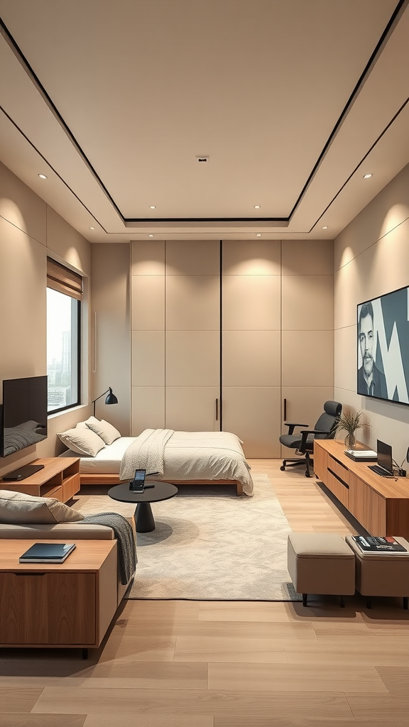 Modern beige bedroom with smart technology features