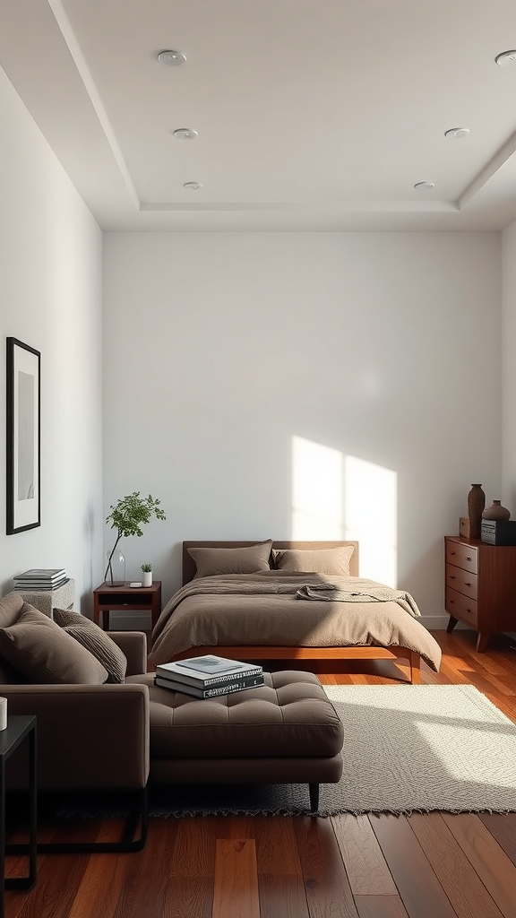 A modern minimalist bedroom featuring chocolate brown furnishings and warm wooden floors.