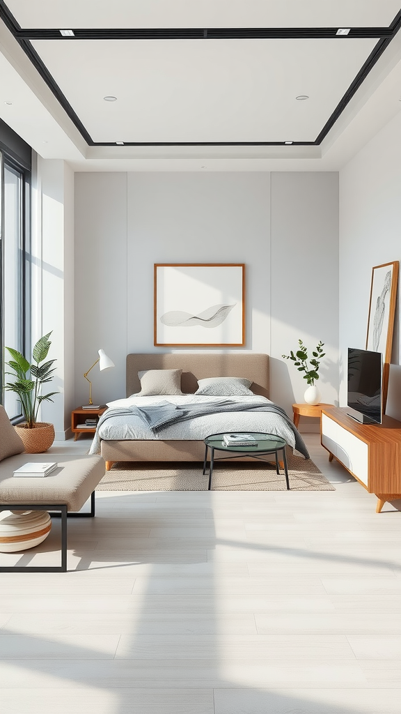 A modern bedroom showcasing stylish furniture arrangement with a bed, lounge chair, and decorative elements.