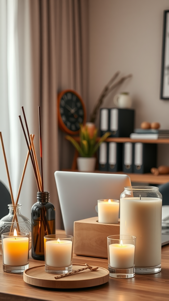 A cozy workspace with glowing candles and essential oil diffusers, creating a warm atmosphere.