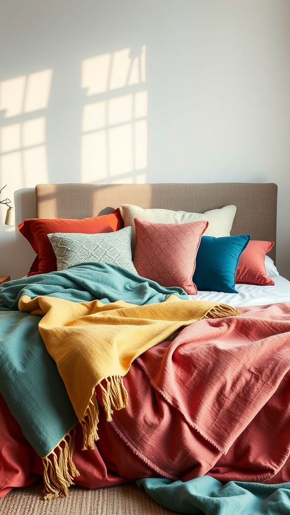A cozy bed with colorful throws in shades of orange, teal, yellow, and coral, creating a warm and inviting look.