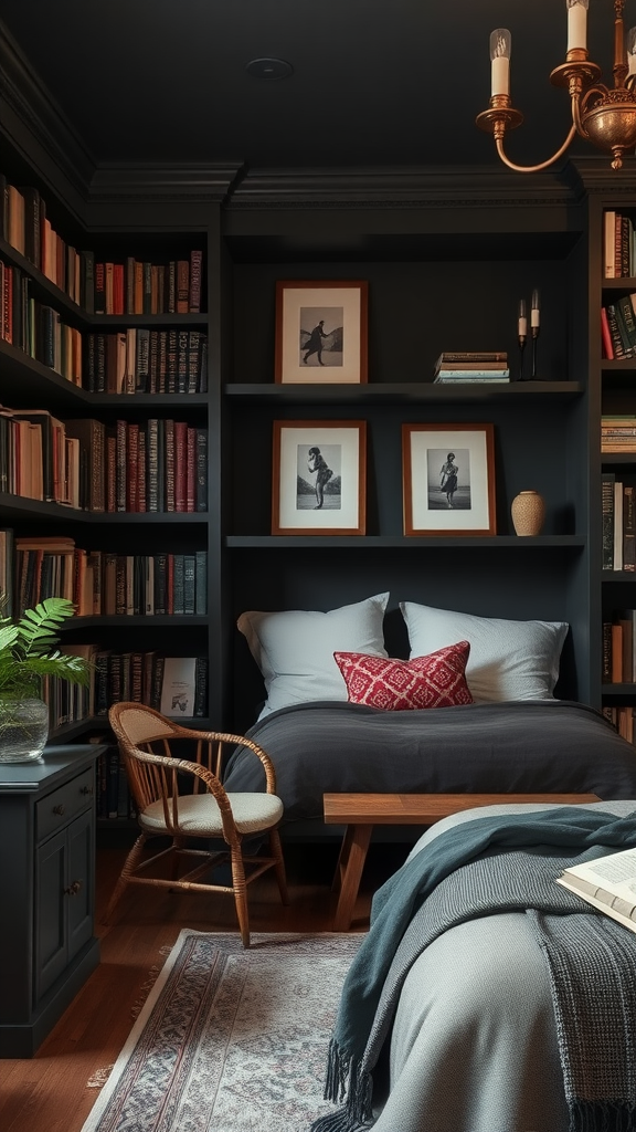 A cozy dark bedroom with a library, featuring bookshelves, a bed, and warm lighting.