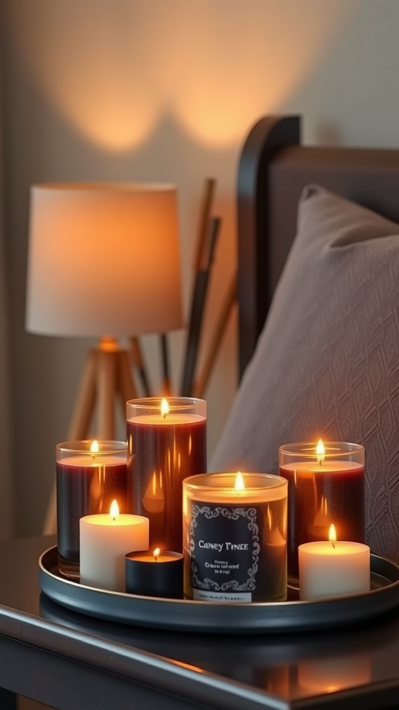 A collection of scented candles glowing softly on a bedside table in a dark cottagecore bedroom