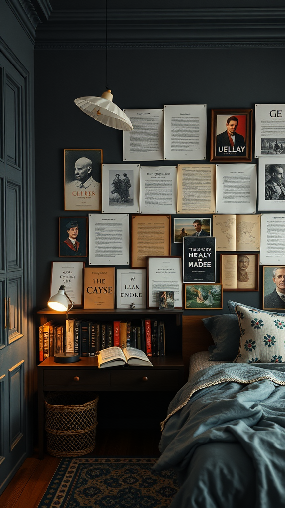 A cozy dark cottagecore bedroom library with a wall of framed literary artworks and an inviting bedside table.
