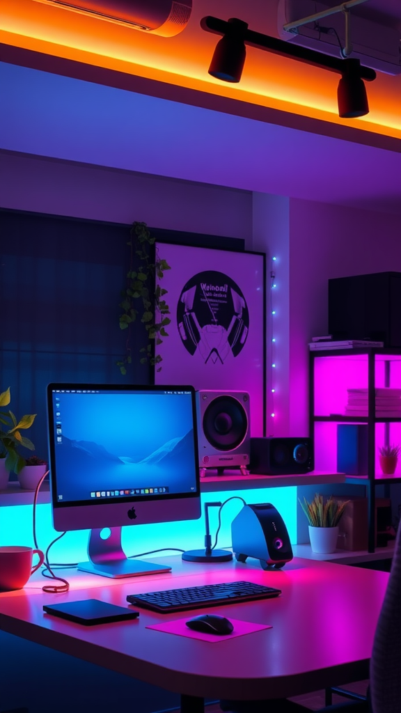 A modern office setup featuring smart mood lighting with vibrant colors and a sleek computer.