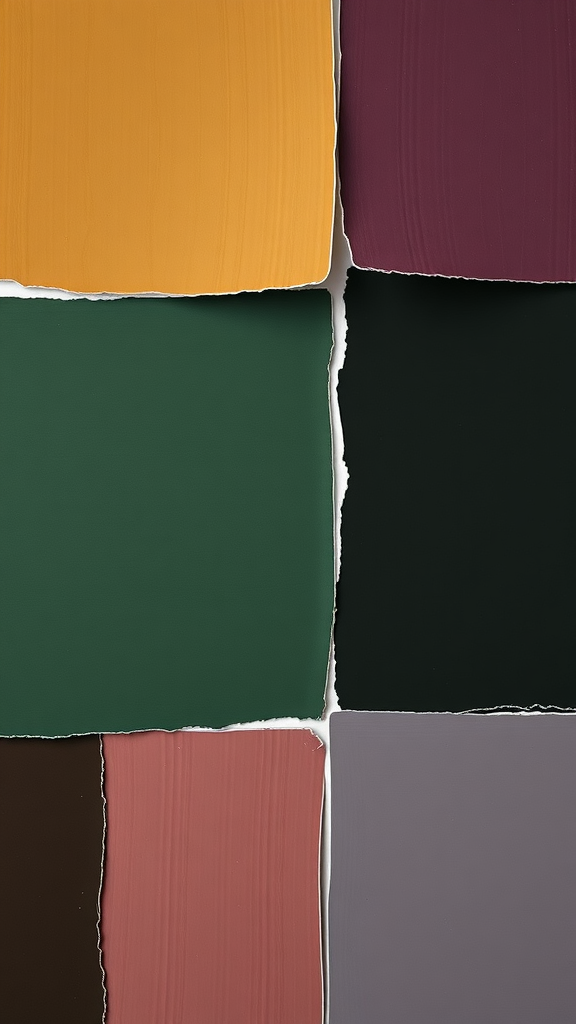 A collection of paint swatches featuring deep greens, blacks, mustard, burgundy, and soft pink.