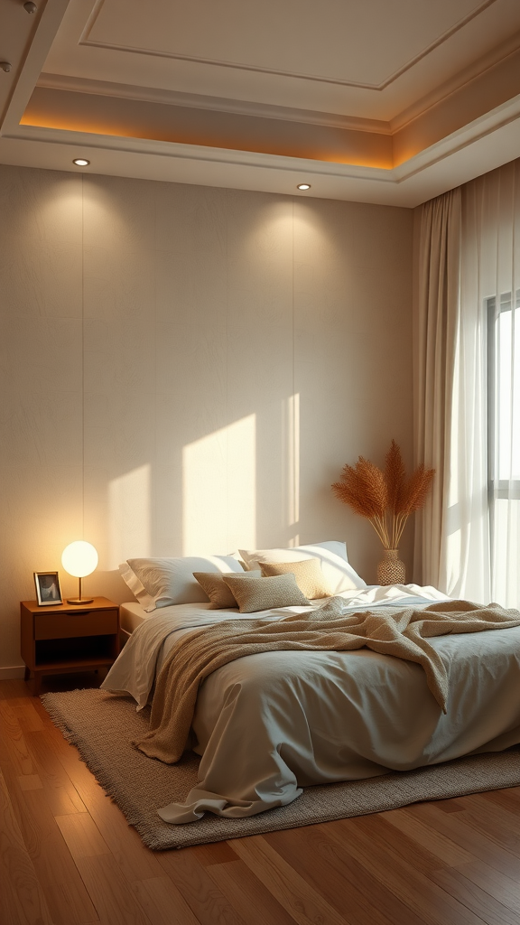 A cozy beige bedroom with textured walls, soft bedding, and gentle lighting.