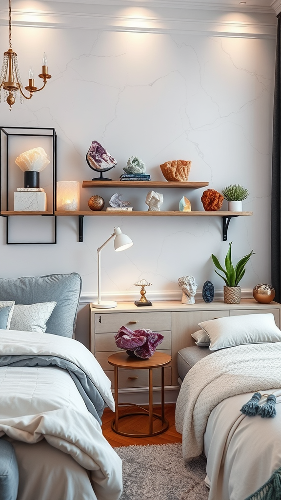 A cozy bedroom featuring crystal accents on a wooden shelf, soft bedding, and warm lighting.