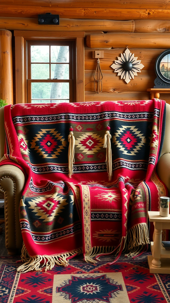 A cozy Native American blanket throw draped over a couch in a rustic living room.