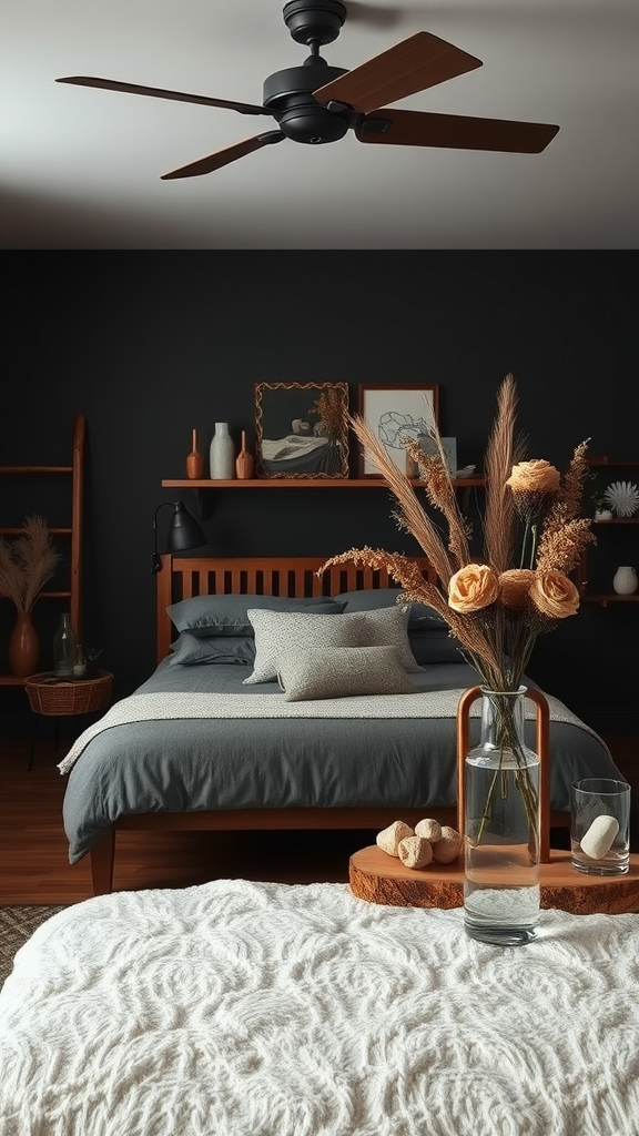 A cozy dark cottagecore bedroom featuring wooden furniture, soft gray linens, and natural decor elements.