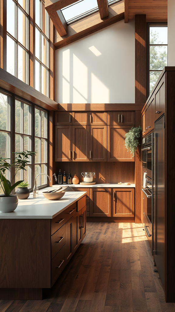 A bright kitchen with dark wood cabinetry and large windows allowing natural light. Green Dark Wood Kitchen