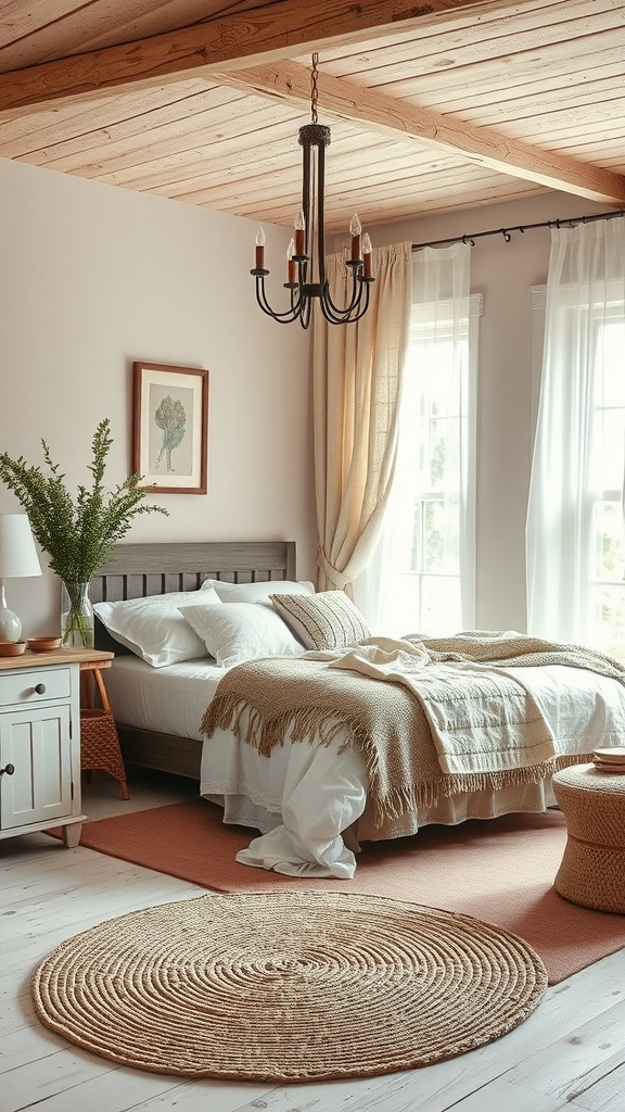A cozy bedroom featuring natural textures with a wooden ceiling, layered bedding, a jute rug, and green plants.