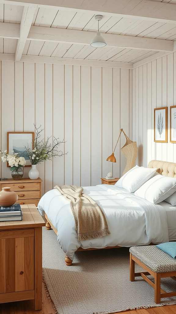 Cozy bedroom with natural wood furniture, featuring light walls, wooden beams, and a soft bed.