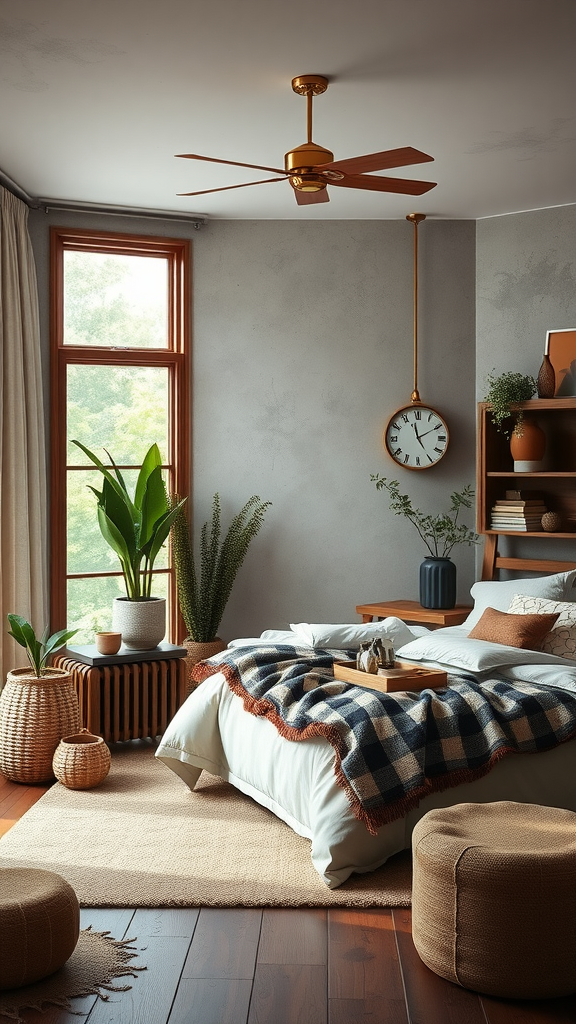 A cozy bedroom featuring chocolate brown tones, natural plants, and warm wooden elements.