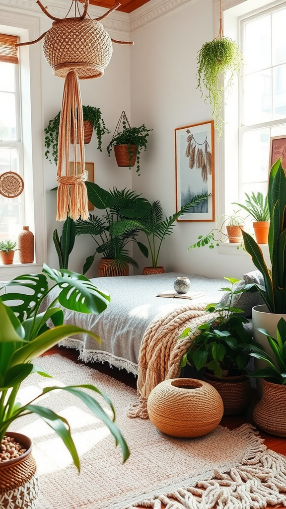 A serene western boho bedroom with plants, natural decor, and soft textiles.
