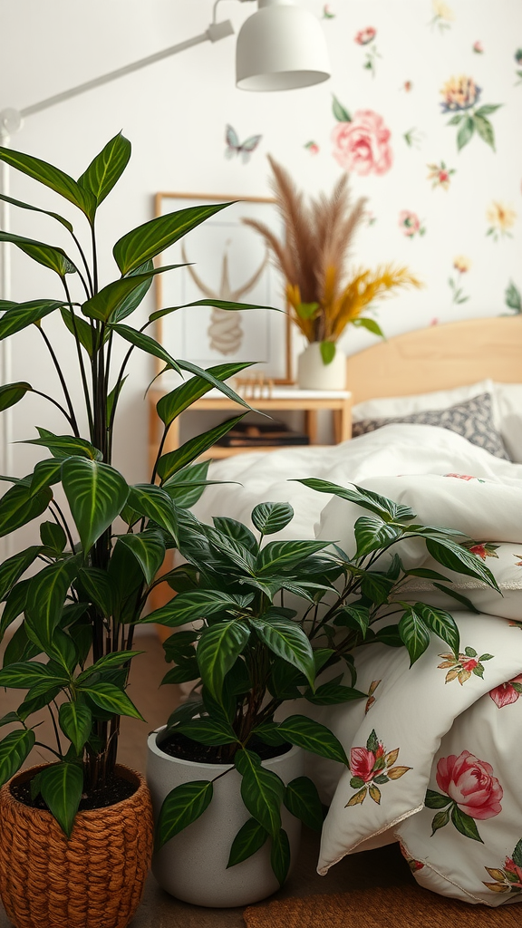 A cozy bedroom with plants, floral bedding, and nature-inspired decor.