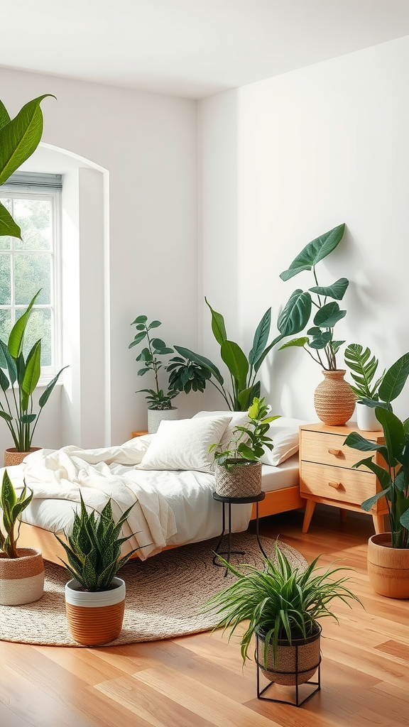 A bright bedroom filled with various indoor plants, featuring a wooden bed and nightstand, soft bedding, and a round rug.