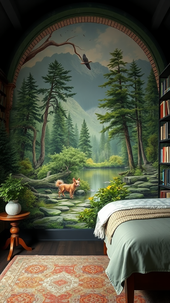 A nature-inspired mural depicting a fox by a pond surrounded by trees, enhancing a cozy dark cottagecore bedroom library.