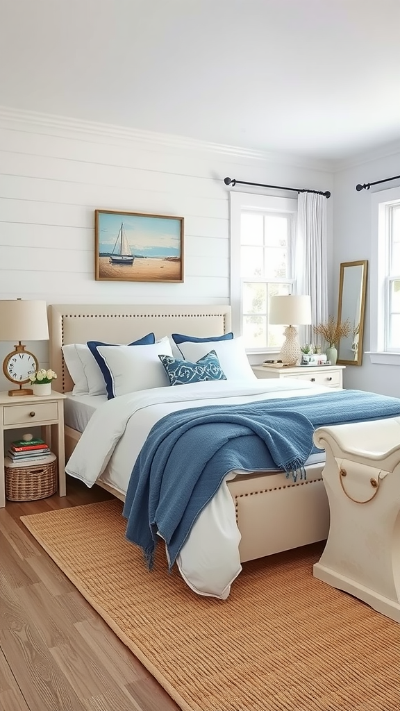 A cozy coastal-themed bedroom with blue and white decor.